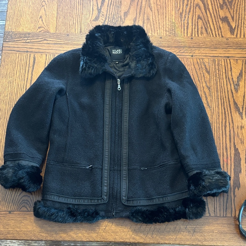 Hilary Radley Black Wool Jacket Fur Trim